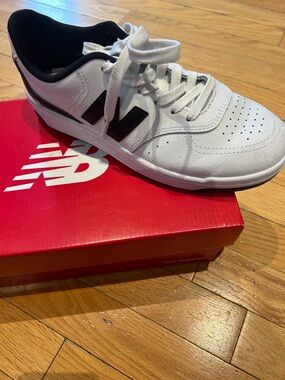 New Balance White and Black Low-Top Leather Sneaker